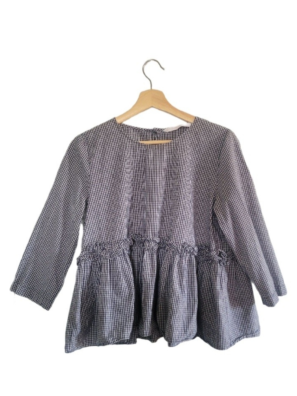 ZARA Trafaluc Gingham Peplum Blouse Black And White Sz L Babydoll Cottagecore